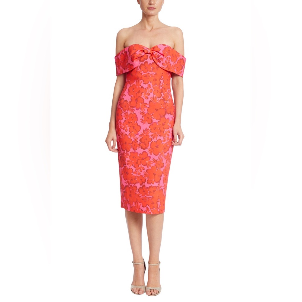 Badgley Mischka Pink/Red Floral Off-the-Shoulder Sheath Midi Dress